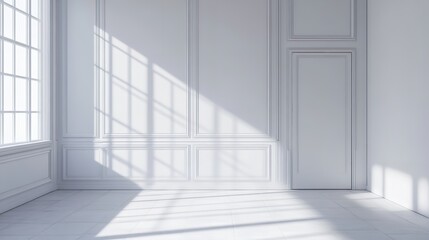 Obraz premium A white room with white paneled walls and a window, light shadows, and sun rays