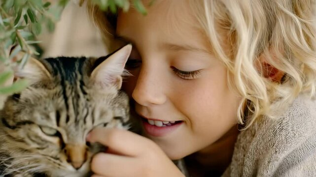 Child cuddles a cat in a warm, joyful moment.