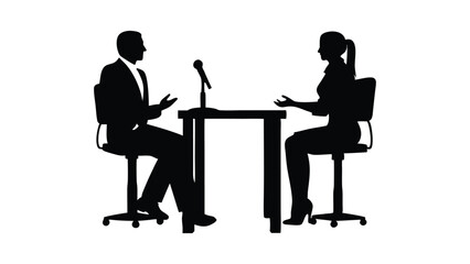 Silhouette vector illustration of business people working together on laptops at a cafe table interview scenario employer and candidate vector icon on white background