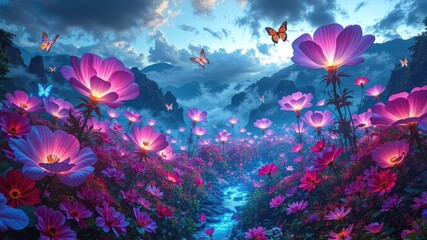 Valley of Giant Magical Flowers, pink water lilies, flower landscape, fantasy landscape, magical landscape