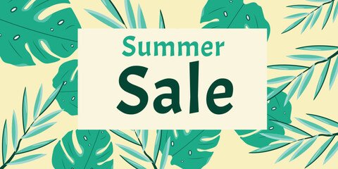Summer sale banner. Card with tropical plant background, text Summer Sale. Poster for marketing, promo in business, online shopping. Vector illustration