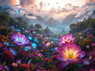 Valley of Giant Magical Flowers, pink water lilies, flower landscape, fantasy landscape, magical landscape