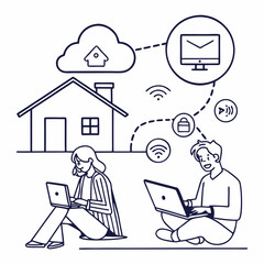 Line art vector design of remote work, with people working from home on laptops surrounded by icons 
