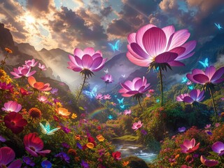 Valley of Giant Magical Flowers, pink water lilies, flower landscape, fantasy landscape, magical landscape