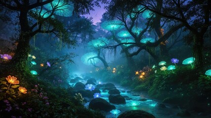 Underwater scene with rays of light, Enchanted Forest with Bioluminescent Light, fantasy landscape, magical landscape