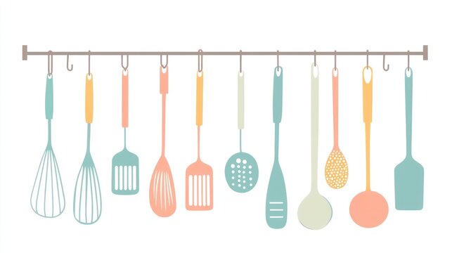 colorful kitchen utensils hanging on a rack clip art preview
