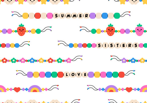 Seamless pattern with Kids jewelry. Plastic beads decorating handmade fashioned elements 90s style jewelry. friendship bracelets and letter beads
