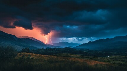 Obraz premium A stunning landscape showcasing a dramatic storm scene. Dark clouds gather ominously as lightning strikes across the horizon. The beauty of nature unfolds in this breathtaking image. Generative AI