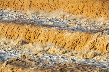 Muddy Waterfall in Flood Season with Powerful Flow