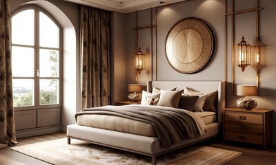 Elegant and Cozy Bedroom Interior with Soft Lighting and Textures