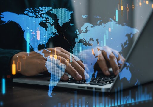 Image is a digital composite featuring a person typing on a laptop, with a focus on their hands. The background is overlaid with a transparent world map in blue, symbolizing global connectivity. Super