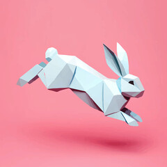 Origami Rabbit Jumps Joyfully on Pink Background

