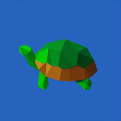 Low Poly Turtle Walks Slowly on Blue Background

