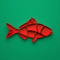 Geometric Red Fish Illustrates Modern Design on Green Background

