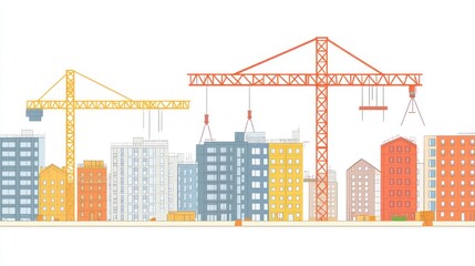 Obraz premium Cityscape with cranes raising buildings, flat design, bright colors, clean lines