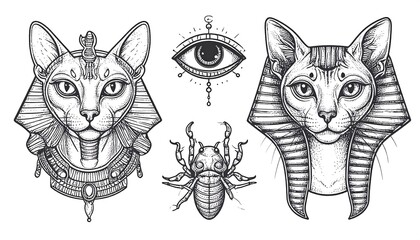 Obraz premium Egyptian cat drawings and symbols.
