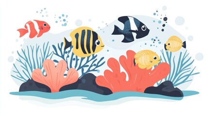 Cartoon fish swim amidst coral reefs, with water and bubbles on a white background