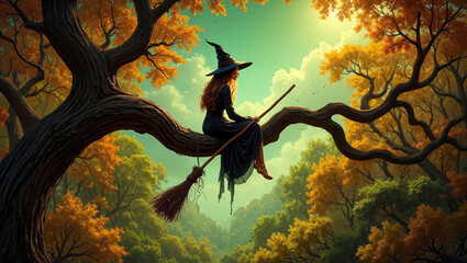 Witch sitting on a tree branch in a colorful forest during autumn sunset