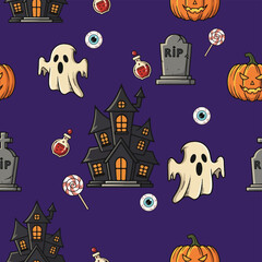 Spooky Halloween Pattern Ghosts, Pumpkins, and Haunted Houses