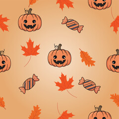 Adorable Halloween Pumpkin and Candy Seamless Pattern