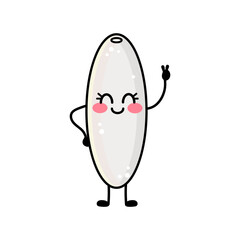 Cute kawaii rice illustration with a smiling face, tiny hands and little feet. One hand shows a peace sign gesture (two fingers up). Adorable and friendly character, perfect for stickers