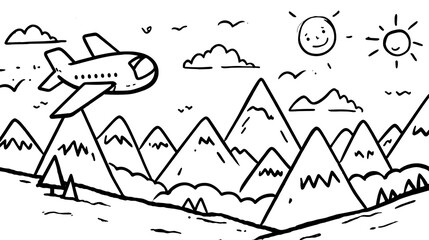 A Hand-Drawn Illustration of an Airplane Flying Over Majestic Mountains