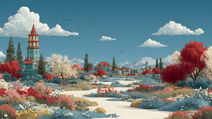 Cartoon Vector Spring Landscape, Blue Sky, Clouds, Chinese Pavilion, Cherry Blossoms, Flying Birds