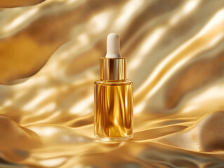 Naklejka premium Luxurious golden serum in elegant setting close-up studio photography of beauty essentials