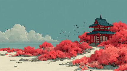 Cute Spring Vector Landscape, Cherry Blossoms, Chinese Pavilion, Blue Sky, Explore Spring