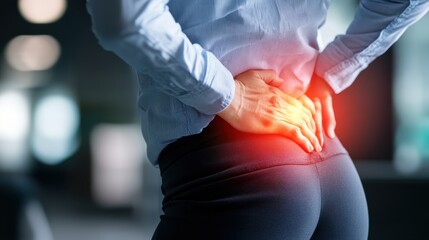 woman having back body ache during at home. adult female with muscle pain due to Piriformis Syndrome, Low Back Pain and Spinal Compression. Office syndrome and medical concept