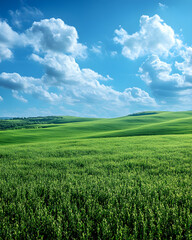 Naklejka premium green field and blue sky, Lush Green Soybean Plantation Field Background for Agriculture and Nature Projects
