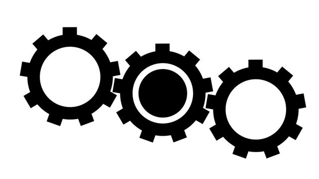 Vector illustration of three interlocking gears rotating together. Minimal black-on-white design suitable for representing system processes, automation, mechanical function.60fps 4k.