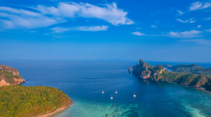 Aerial view Phi Phi island with turquoise clear water , Krabi Province. Amazing travel photo Thailand tropical paradise by drone