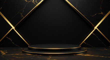 Luxury advertisement layout – black marble background with golden light reflections, central product showcase area, elegant typography negative space, without texts, typography, letters