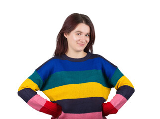 Positive cunning girl holding hands on waist. Young woman looking to camera with a sneaky look isolated on transparent background