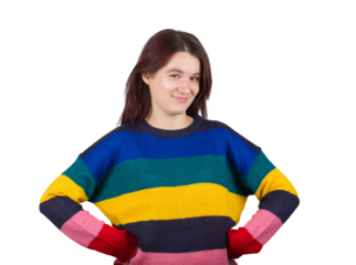 Positive cunning girl holding hands on waist. Young woman looking to camera with a sneaky look isolated on transparent background