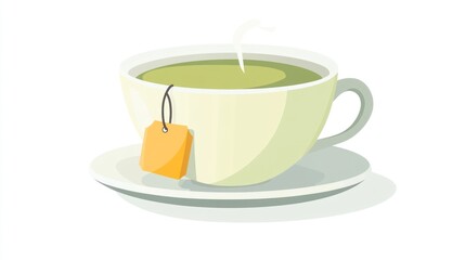 Steaming cup of green tea with tag on a saucer, isolated on white