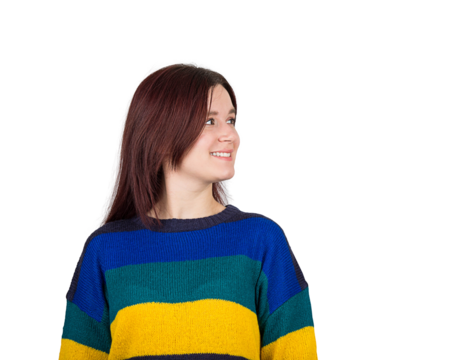 Young woman side view portrait isolated on transparent background. Aspirations and success concept, achievement and the right choice