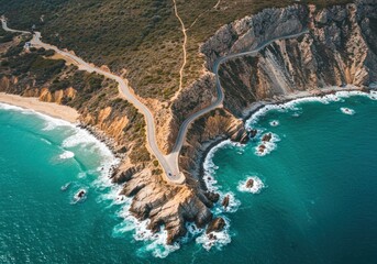 Coastal road meandering along rocky cliffs