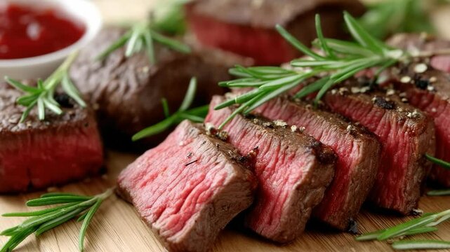 Perfectly cooked steak garnished with fresh herbs on a wooden board highlights culinary skills and rich flavors