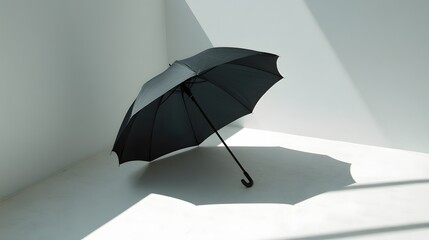 Fototapeta premium Sleek black umbrella casting dramatic shadows on a pristine white minimalist background.