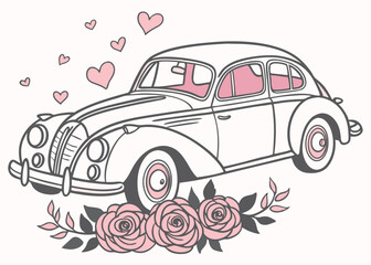 Vintage car with roses and hearts vector illustration for Valentine's Day, wedding or anniversary
