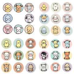 Adorable hand-drawn farm animal icons including cows, pigs, sheep, chicks, goats, and more. Perfect for children’s designs, stickers, and educational materials.

