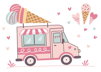 Cute pink ice cream truck illustration with hearts and cones for summer vibes and sweet treats design

