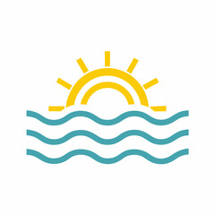 Minimal Ocean Sunrise Over Waves Logo Vector.
