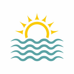 Minimal Ocean Sunrise Over Waves Logo Vector.