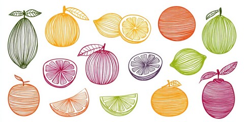 Minimalist Vector Citrus Fruit Collection with Sharp Outlines