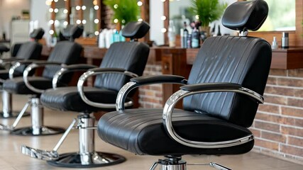 Modern barber shop interior with stylish black chairs and elegant decor ready for customers during a busy afternoon