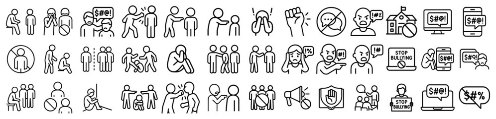 Line art collection of bullying related icons depicting social issues and prevention strategies