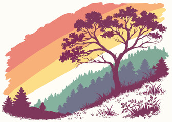 Vector landscape illustration of nature with a tree forest and sunset for graphic design art
